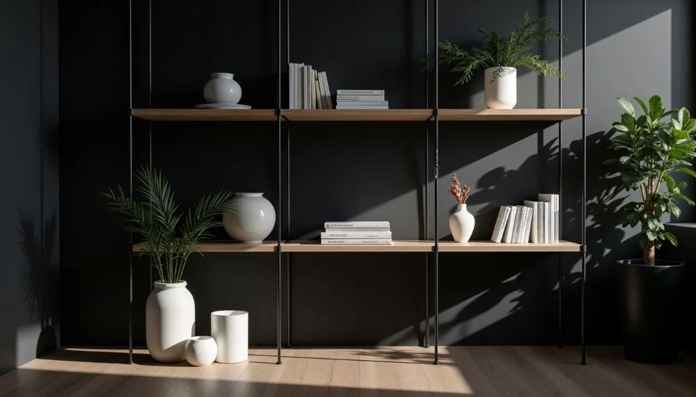 Stylish minimalist wall art shelving unit with wooden shelves and black metal framing, featuring neatly arranged white books, ceramic vases, and lush green indoor plants against a dark accent wall in a modern interior.