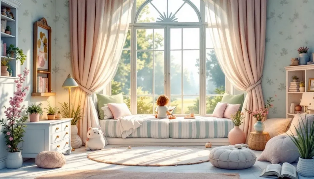 Dreamy and cozy children’s room with pastel decor, featuring a large arched window nook, soft curtains, plush cushions, stuffed toys, indoor plants, and a child reading peacefully on a striped daybed surrounded by soft natural light.