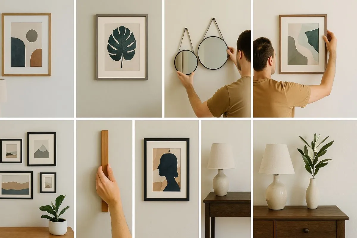 A collage showcasing various modern wall art in home settings, including abstract framed prints, round decorative mirrors, and silhouette artwork. The images feature hands hanging wall art on neutral-colored walls, along with minimalistic decor like table lamps, houseplants, and wooden furniture—emphasizing a clean, contemporary style.
