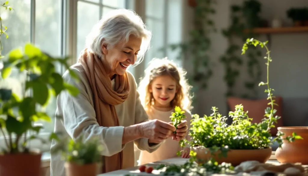 An elderly woman and a young girl smiling while working with potted herbs by a sunny window, demonstrating a joyful moment in indoor planting — a perfect example of home gardening tips for beginners.