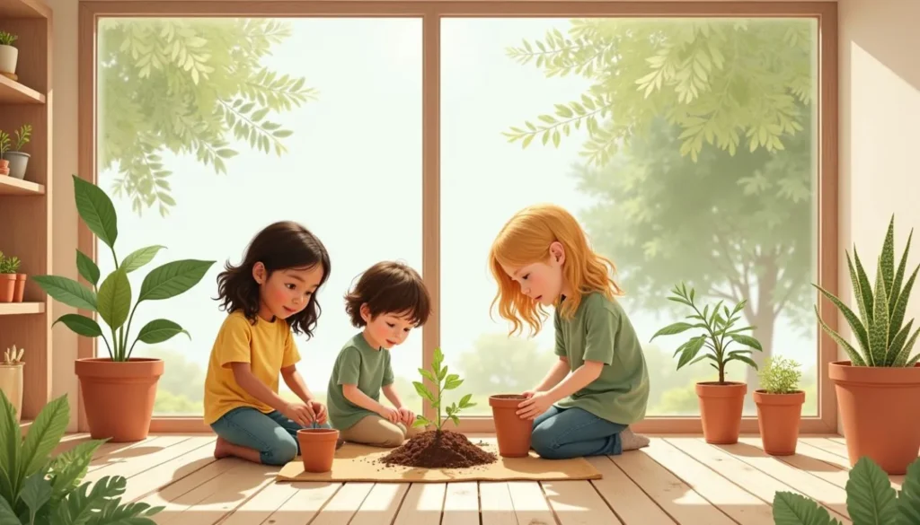 Three young children happily planting a small sapling indoors, surrounded by potted plants, offering a fun and educational example of home gardening tips for beginners.