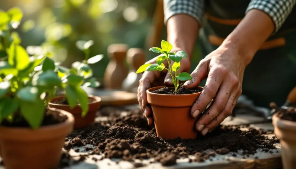 Close-up of hands gently planting a young seedling into a terracotta pot, surrounded by soil and greenery — a practical illustration of home gardening tips for beginners.