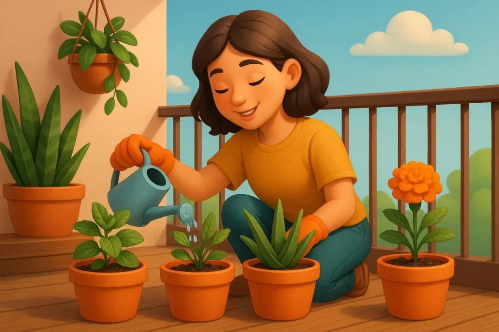 A 3D-rendered digital illustration depicts a young woman with medium-length brown hair, kneeling on a sunny balcony while watering potted plants. She wears a mustard-yellow shirt, teal pants, and orange gloves. The balcony features terracotta pots containing mint, aloe vera, and a marigold flower, with hanging and potted greenery in the background. The sky is clear with a few fluffy clouds, creating a warm and cheerful atmosphere.