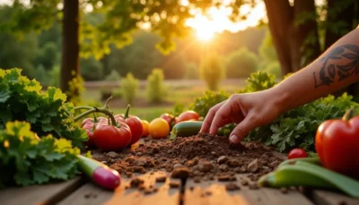 A hand placing seeds into soil in a peaceful garden at sunset, surrounded by vibrant vegetables — a reminder that home gardening, like prayer, begins with patience, care, and trust in nature’s timing.