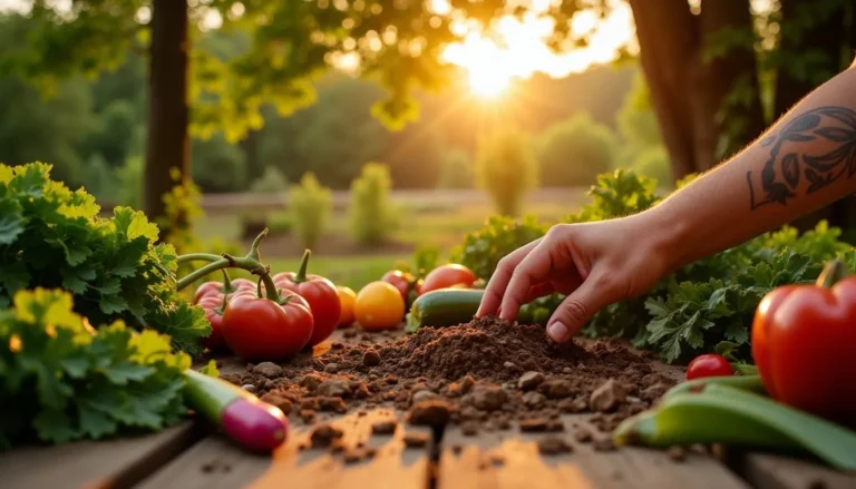 A hand placing seeds into soil in a peaceful garden at sunset, surrounded by vibrant vegetables — a reminder that home gardening, like prayer, begins with patience, care, and trust in nature’s timing.