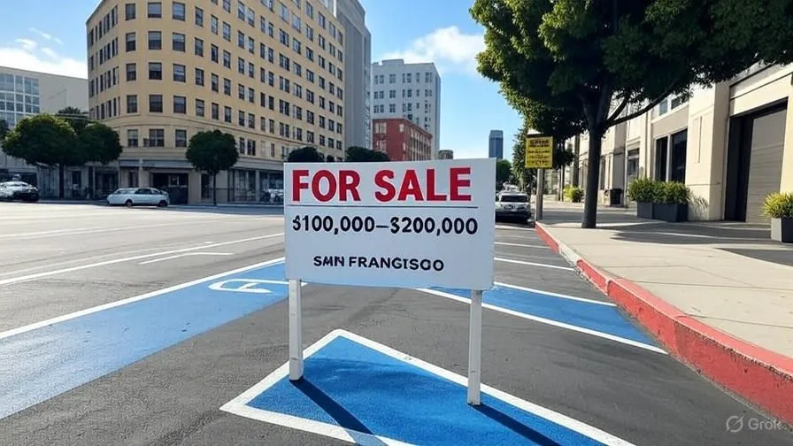 "Urban street scene showing a blue disabled parking space with a large white sign reading 'FOR SALE $100,000–$200,000 SMN FRANGISCO.' The background includes multi-story buildings, trees, and a clear blue sky."
enable parking spacing.