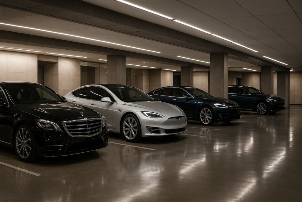 "Luxurious indoor parking garage with polished concrete floors, bright recessed lighting, and neatly parked high-end cars including a black Mercedes-Benz, a silver Tesla Model S, and a dark blue Tesla, set against sleek modern architecture with subtle floor reflections."