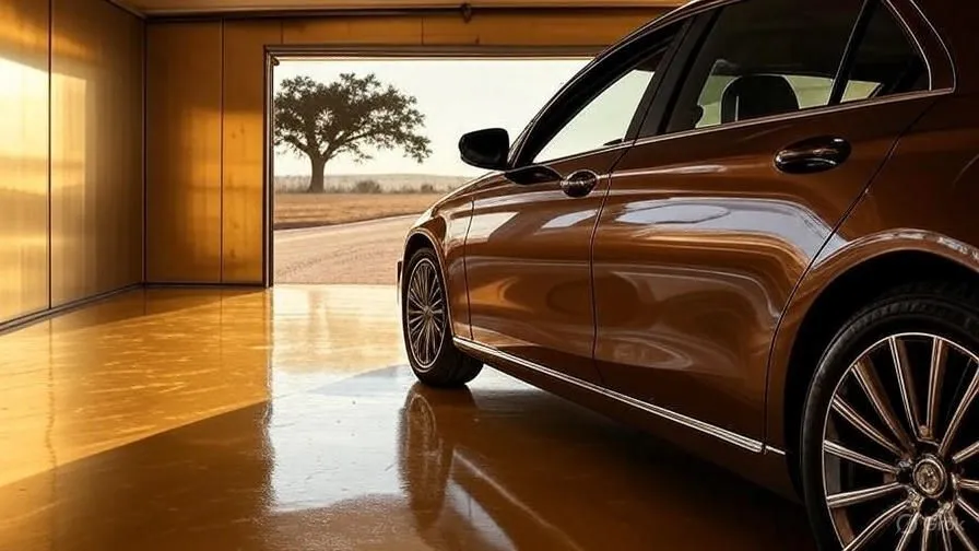 A sleek brown luxury car parked in a spotless, glossy-floored garage, symbolizing places where parking can cost more than houses.