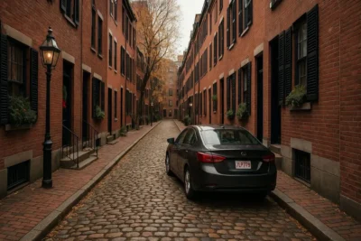 "Narrow cobblestone street lined with tall red brick buildings featuring black shutters and window flower boxes. A black sedan with a Massachusetts license plate is parked on the right side, and a vintage-style streetlamp glows softly in the foreground. Trees with autumn leaves are visible in the distance." enable parking spacing cost more than house