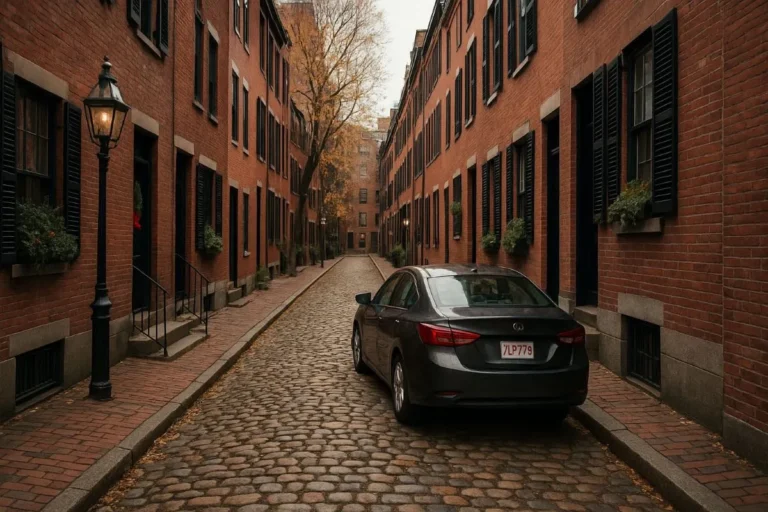 "Narrow cobblestone street lined with tall red brick buildings featuring black shutters and window flower boxes. A black sedan with a Massachusetts license plate is parked on the right side, and a vintage-style streetlamp glows softly in the foreground. Trees with autumn leaves are visible in the distance." enable parking spacing cost more than house