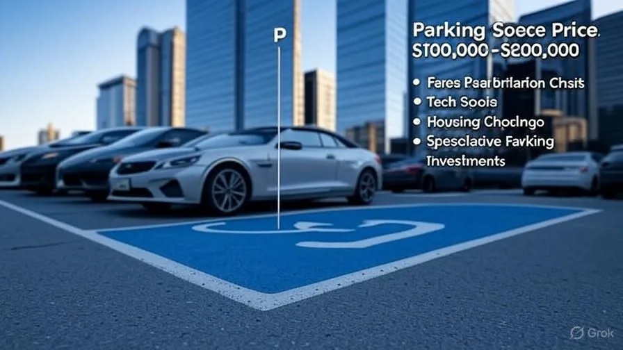 "Photo of a luxury urban parking lot with a focus on a blue disabled parking space, white sports car parked nearby, and tall glass skyscrapers in the background. Overlaid text reads: 'Parking Space Price: $100,000–$200,000' with bullet points listing reasons, though the words are jumbled and misspelled."