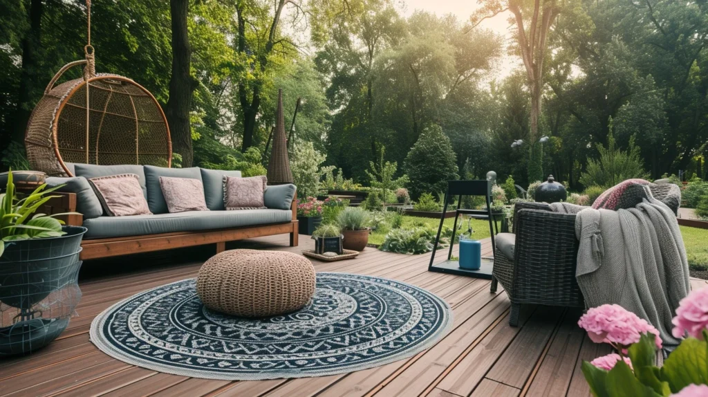 Stylish outdoor patio setup with cozy seating, hanging chair, and decorative rug surrounded by lush greenery, showcasing modern small garden ideas for 2025.