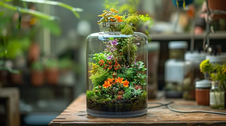 “Glass terrarium with colorful plants and moss, a stylish example of small garden ideas for 2025.”