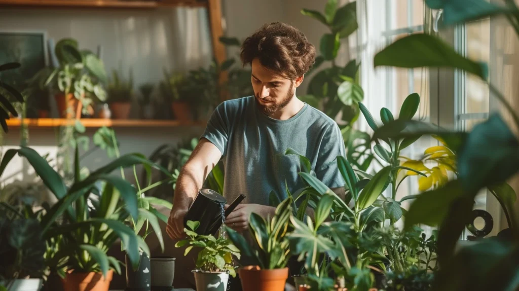 “Man watering indoor plants surrounded by greenery, representing small garden ideas for 2025 in modern home spaces.”