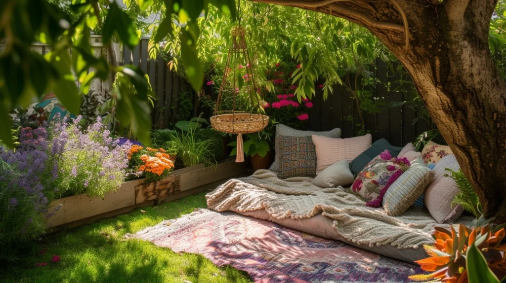 A cozy garden nook under a tree, featuring layered rugs, soft cushions, and a blanket for lounging, surrounded by lush greenery and vibrant flowers in a raised bed. A small hanging basket adds charm to this peaceful corner, making it a perfect example of small garden ideas for 2025 that focus on comfort, color, and creative use of space.