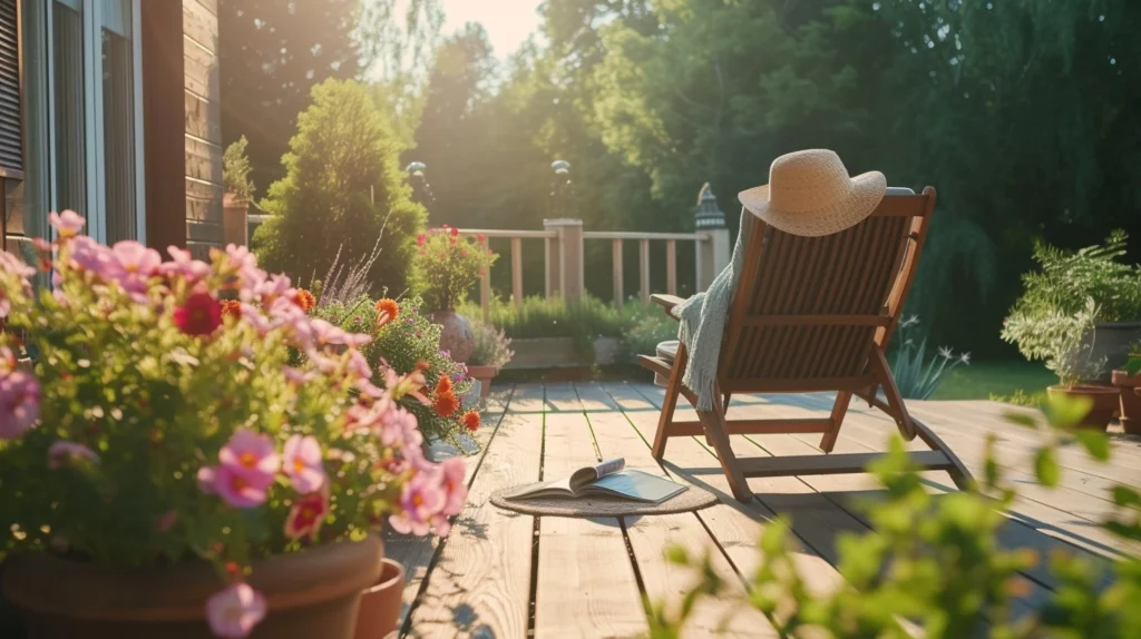Peaceful wooden deck with a chair, sun hat, and blooming flowers, offering inspiration for relaxing outdoor spaces and small garden ideas for 2025.