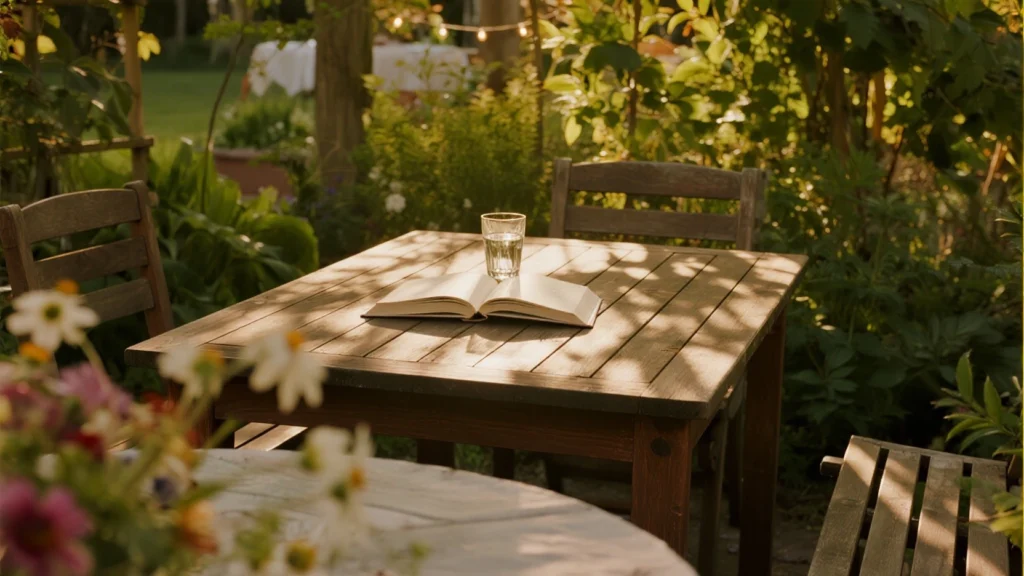 A cozy outdoor seating area in a lush backyard, featuring a wooden table with an open book and a glass of water, bathed in warm sunlight. Surrounded by greenery, flowers, and soft string lights, this serene setup is perfect for small garden ideas in 2025, combining natural charm with relaxation and functionality.