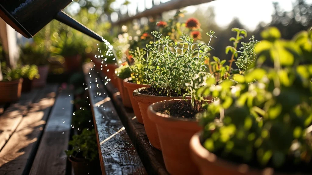 Close-up of watering potted herbs on a wooden deck, highlighting sustainable and creative small garden ideas for 2025.