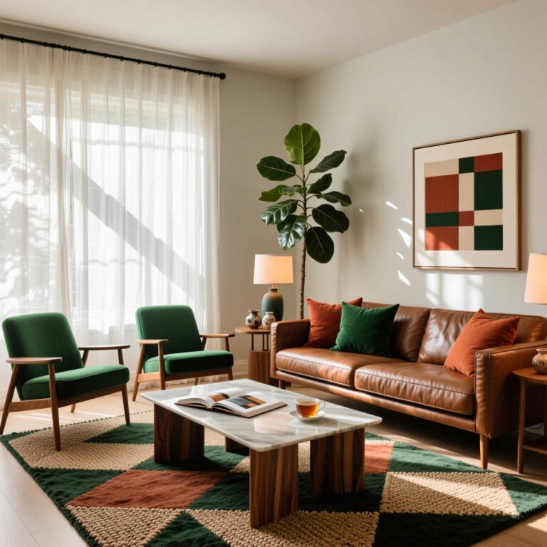 “Modern living room with mid-century furniture, green armchairs, leather sofa, geometric rug, and indoor plant beside sheer curtains.”