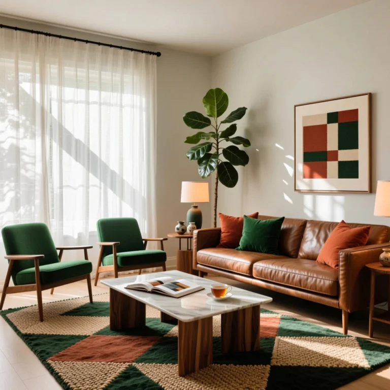 "Modern mid-century living room with a brown leather sofa, green accent chairs, geometric rug, and warm natural lighting from large sheer-curtained windows."