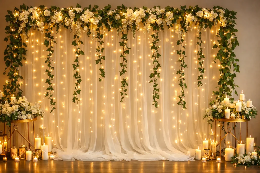 Elegant New Year Home Decoration with fairy lights, floral greenery, white drapes, and candle-lit backdrop.