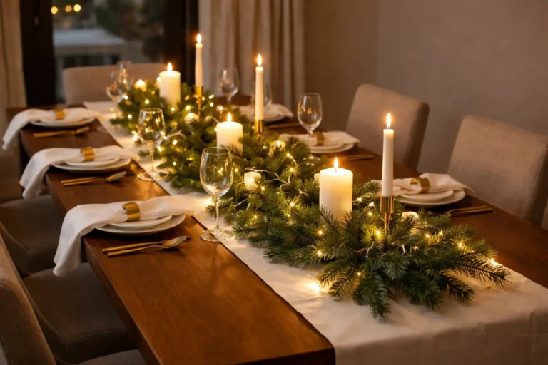 Elegant New Year home decoration with a candle-lit dining table, greenery centerpiece, and festive table setting.